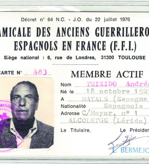 Carnet de l’Amical dels Antics Guerrillers Espanyols a França que reconeixia Andreu Teixidó el seu paper com a lluitador durant la Segona Guerra Mundial contra els nazis.
